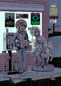 Joseph wears a baseball cap, puffy jacket and jeans, he is on a pay phone. Whilst Mary sits atop a children's horse - the ones where you put in a coin and get a short ride, if it were not broken. Above her head is an illuminated star albeit advertising beer. The nearby Motel has a crown as its emblem but has no vacancies.