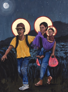 The holy family are travelling at night. Joseph is wearing a baseball cap, yellow t-shirt and jeans, carrying a rucksack. Mary wears a black t-shirt and jeans and carries 2 small red bags. Across her shoulders there is a purple material wherein the young Jesus sits. He is not a baby.