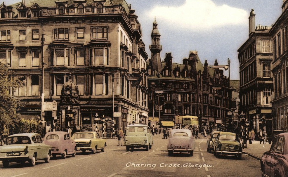 Charing Cross in older times with the cars of 19560s driving through Charing Cross in Glasgow before the M8 carved everything up