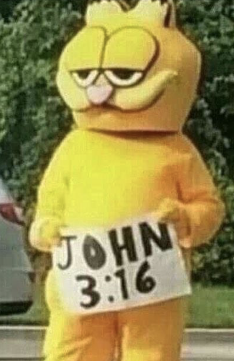 Person dressed as Garfield holding a sign which reads John 3:16