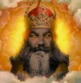 Monty Python image of God, a man, with Crown, and his eyes looking menacing